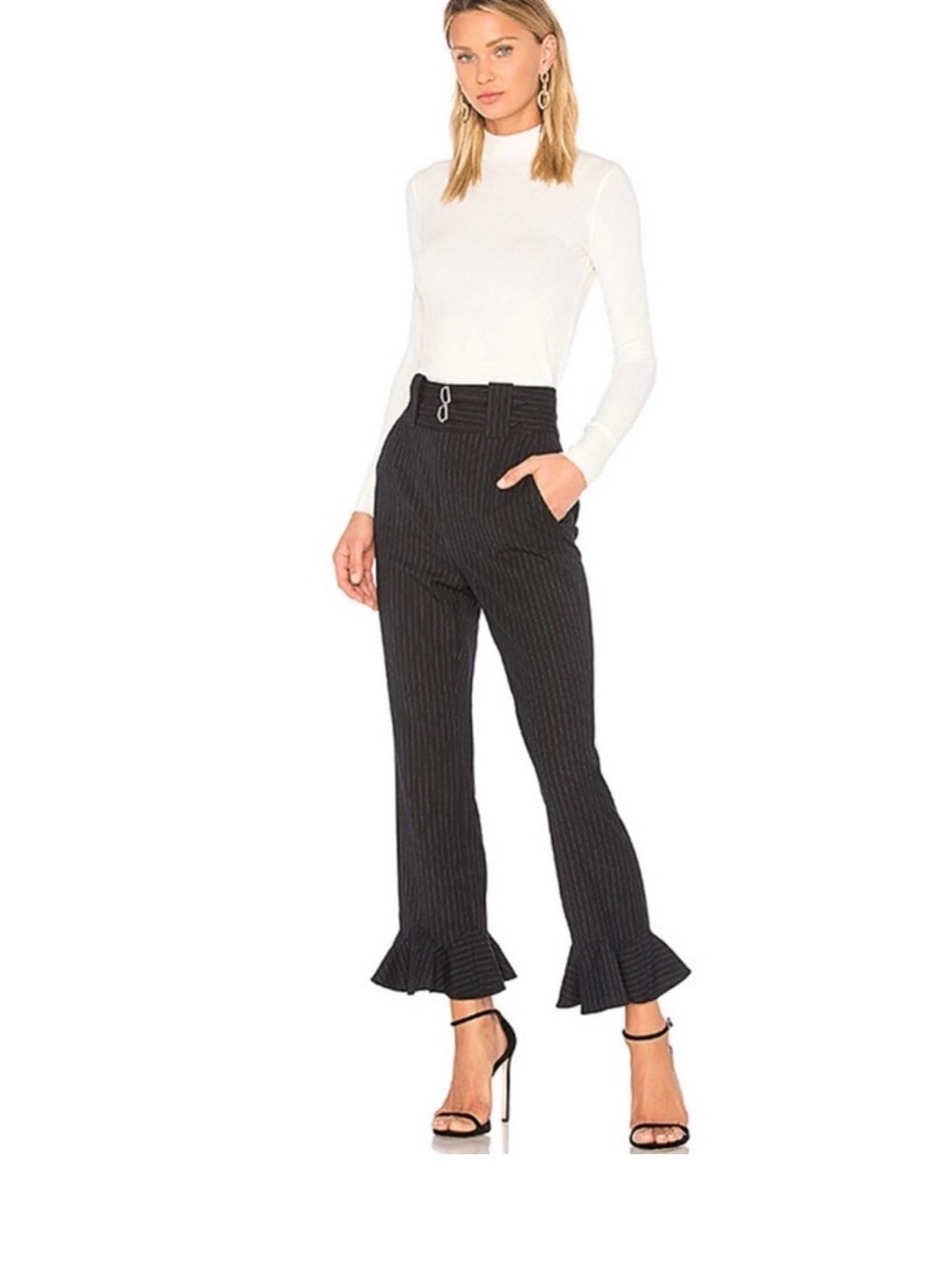 Rebecca Taylor Black Pinstripe
Ruffle Hem Wool Trousers Double
Buckle Waist 12 - Picture 2 of 8